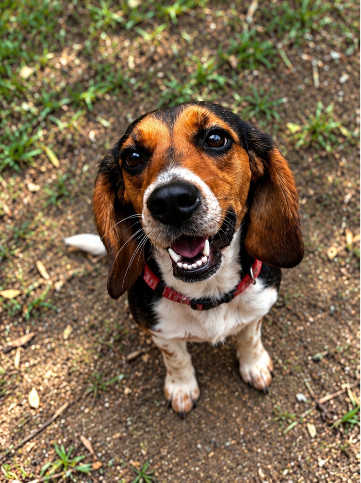 Maverick smiling up at the camera outdoors