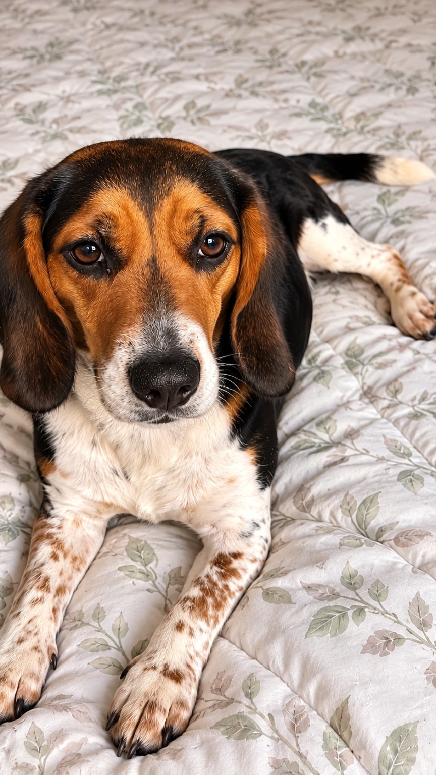 Maverick relaxing on a bed