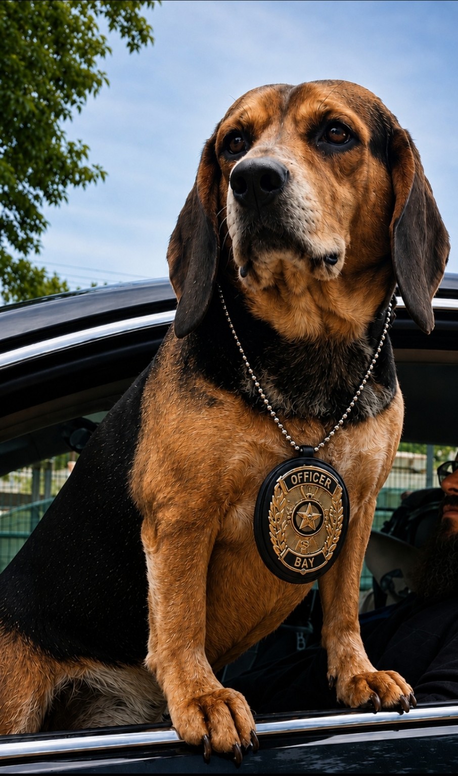 Memphis proudly wearing his officer badge