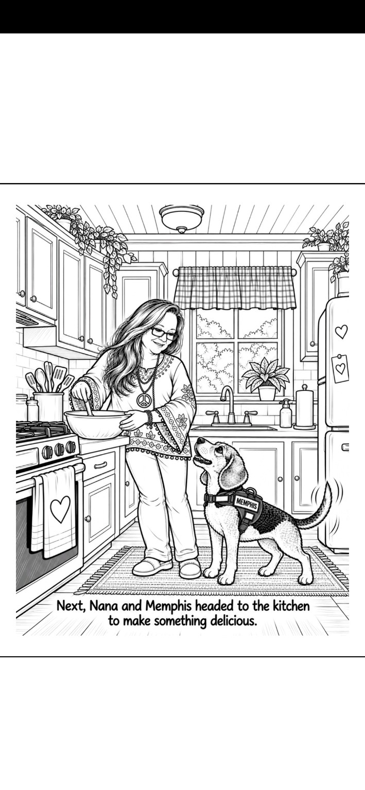 Interior page from Memphis Goes to Nana’s House: Nana and Memphis making something delicious in the kitchen