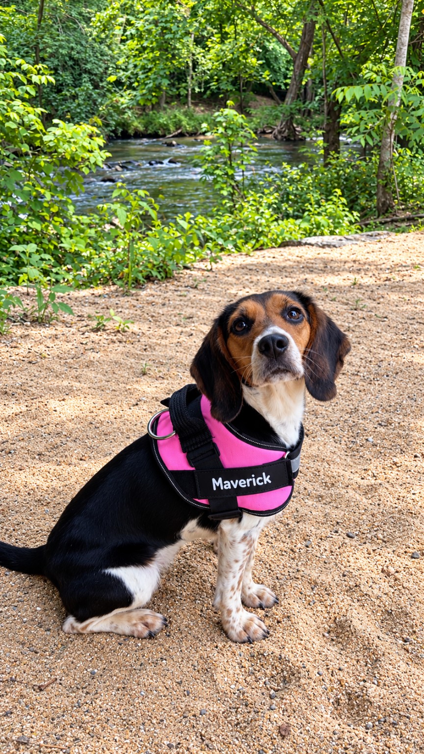 Maverick in her pink harness by a creek