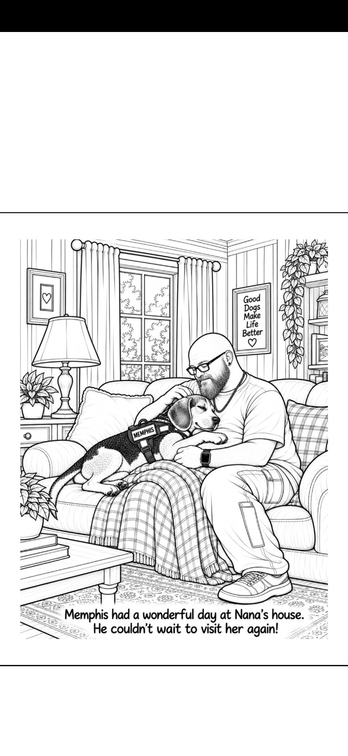 Interior page from Memphis Goes to Nana’s House: Memphis resting beside Gary on the couch after visiting Nana